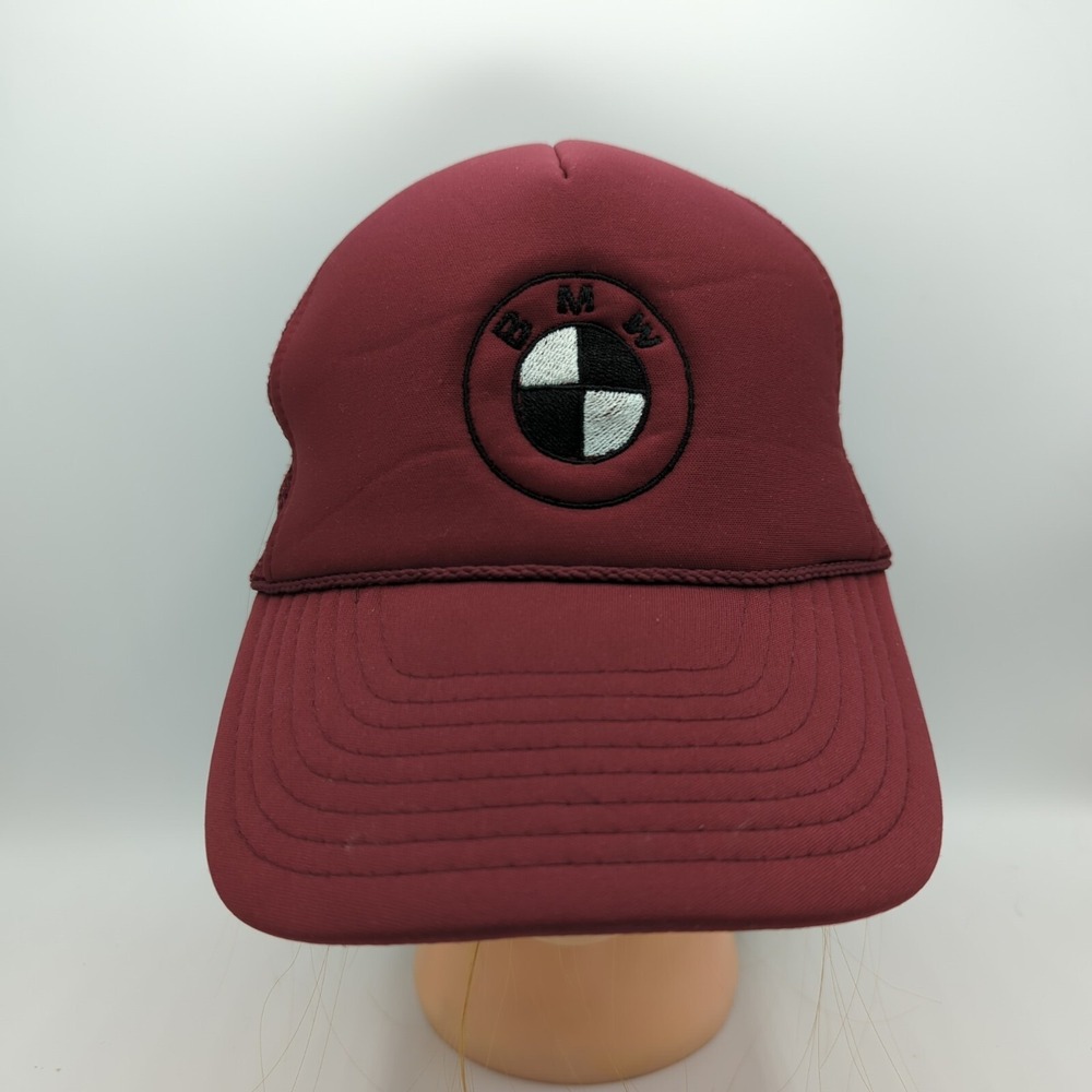 Rare Vintage 90s BMW Maroon Rope Trucker Hat SnapBack Cap Race Sports Car Nissin